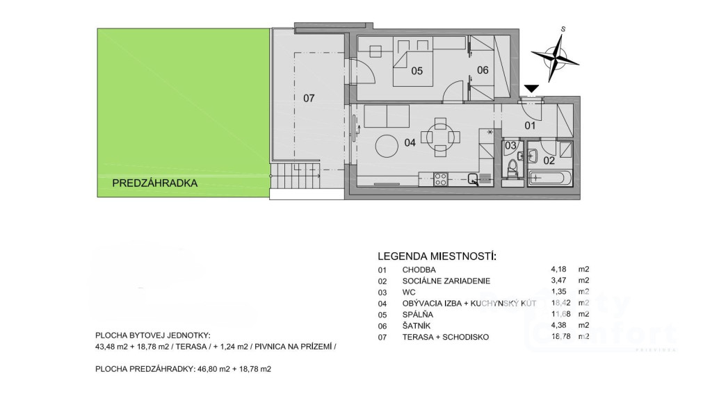 Zariadený 2-izb. byt s 2 parkovacími miestami, terasou a predzáhradkou
